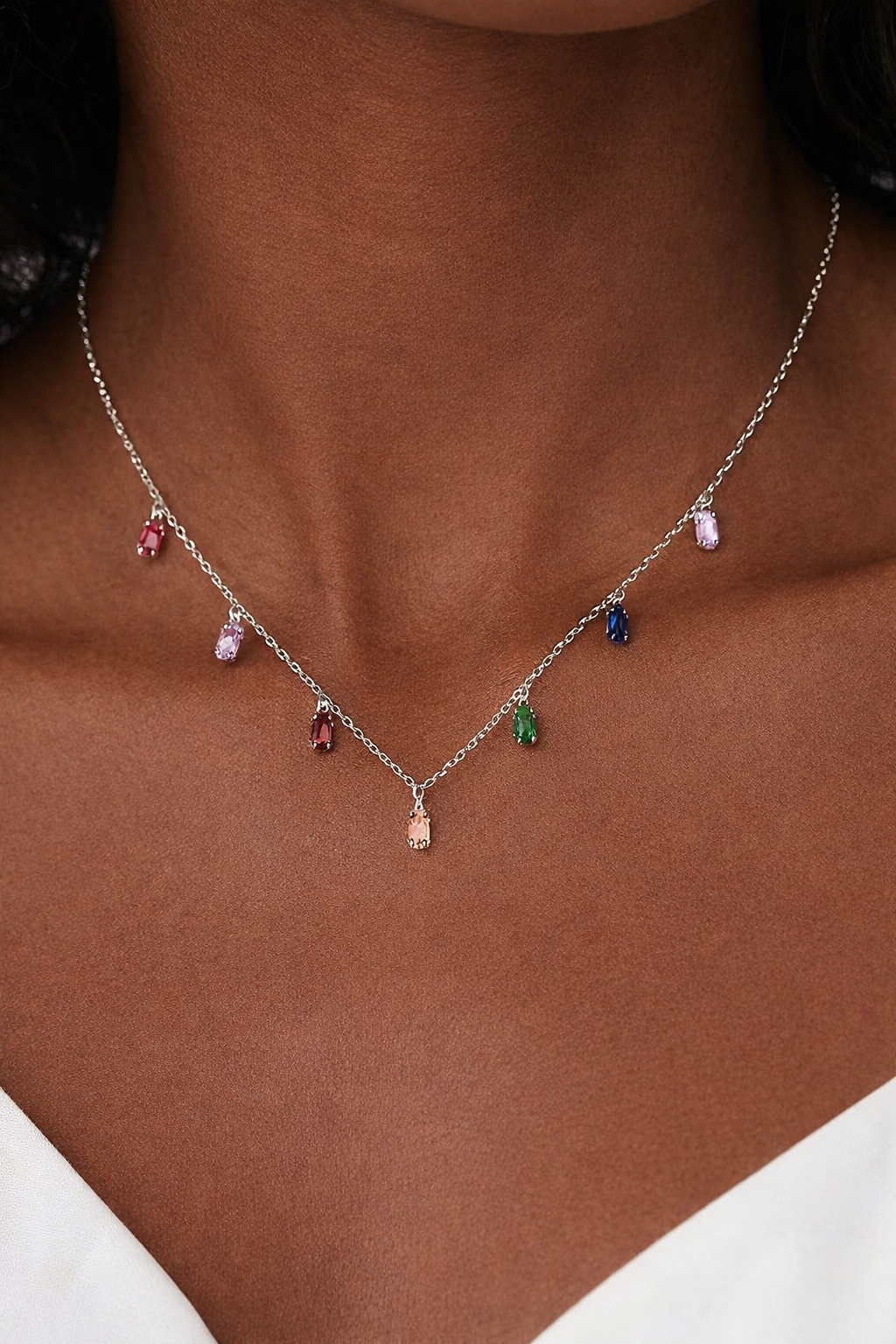 Rainbow Gemstone Charm Silver Necklace